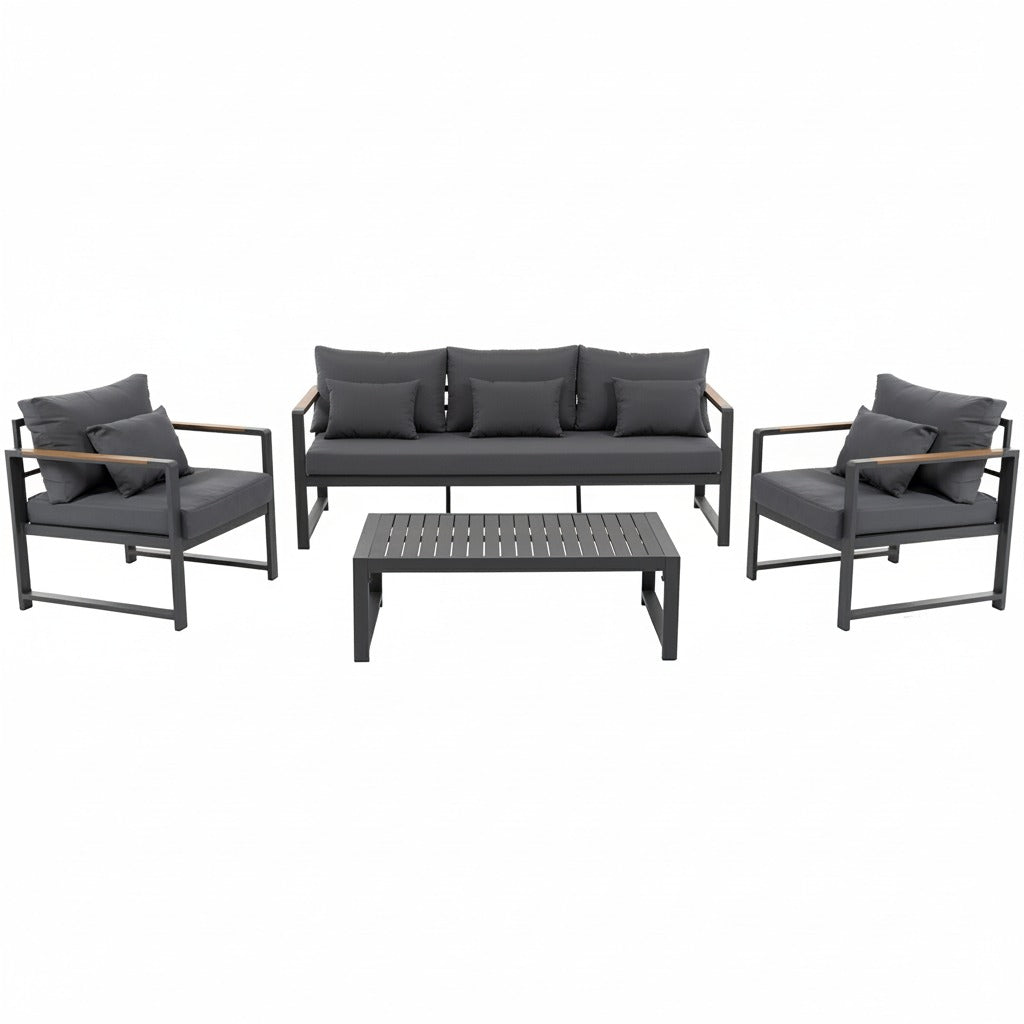 VESTIAMO CASA GIARDINO - Set da giardino 4 pezzi struttura in alluminio Antracite e braccioli in Polywood con cuscini Grigio Scuro - Formato da 1 divano, 2 poltrone e 1 tavolino